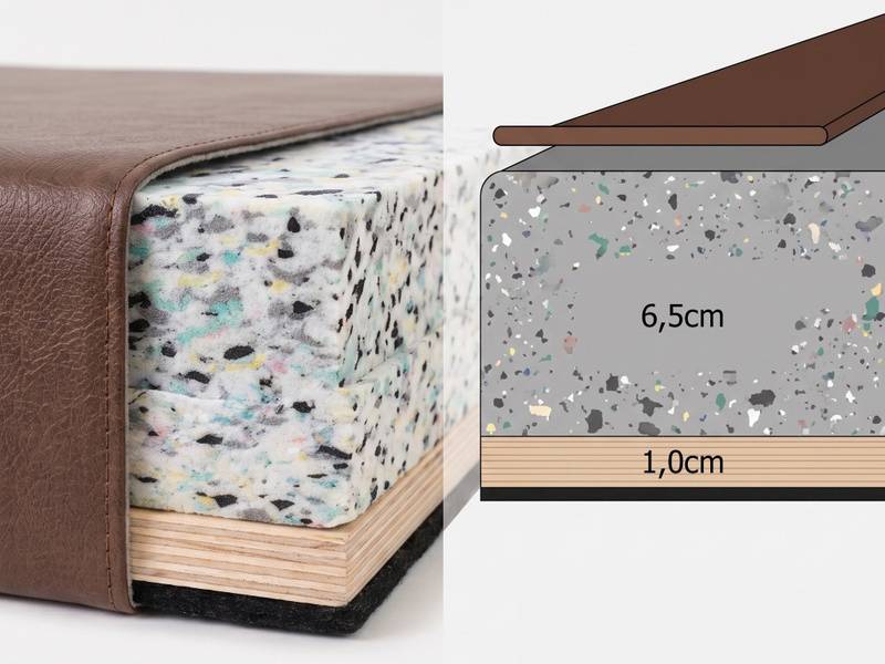 Coupe du matelas de remplacement Kitama : revêtement similicuir, 6,5 cm de mousse agglomérée H5 et plaque multiplex d’env. 1 cm
