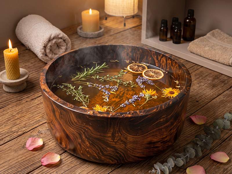 Bañera para pies de madera de mango con un baño de pies caliente con hierbas y flores en un centro de masajes