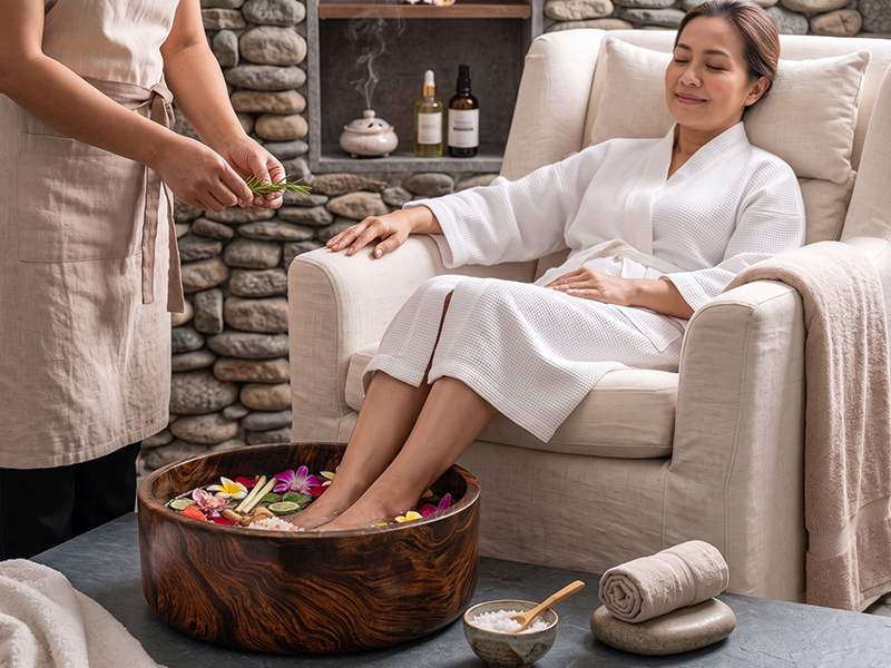 Bañera para pies de madera de mango con hierbas tailandesas, sal de baño, flores y toalla para un baño de pies de spa
