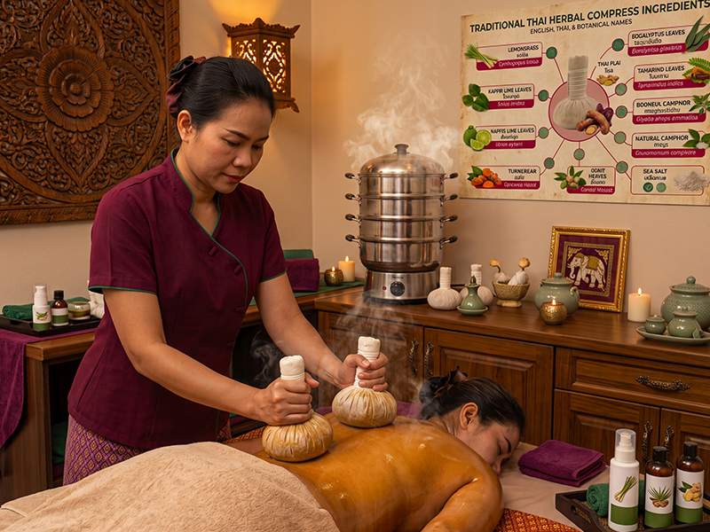Thai herbal compress massage with warm Kitama herbal compress balls in a massage studio