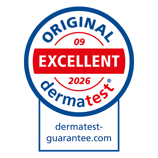 Sello Dermatest con la calificación sehr gut (excelente) para los aceites de masaje Kitama