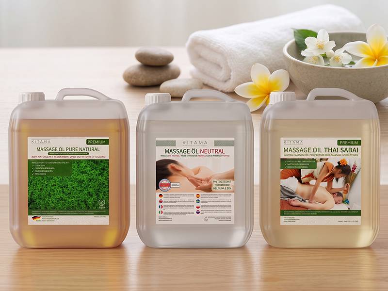 Aceites base Kitama: Aceite de masaje Neutro, Thai Sabai y Pure Naturals
