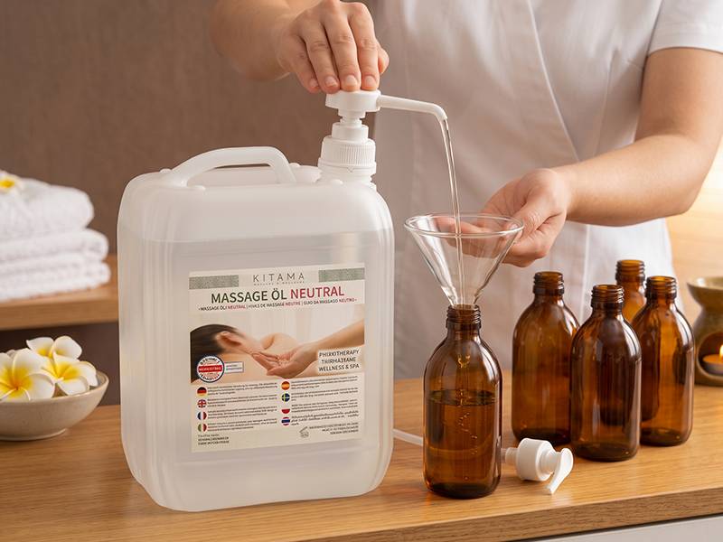 Aceite de masaje Kitama en garrafa de 5 litros con bomba para rellenar botellas dosificadoras