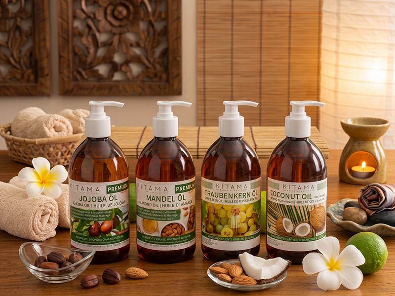 Aceites naturales Kitama: aceite de jojoba, aceite de almendras, aceite de pepita de uva y aceite de coco fraccionado