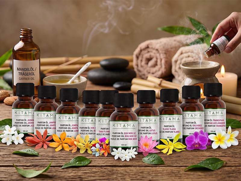 Olio da massaggio neutro Kitama e olio profumato Kitama con autentiche fragranze thailandesi