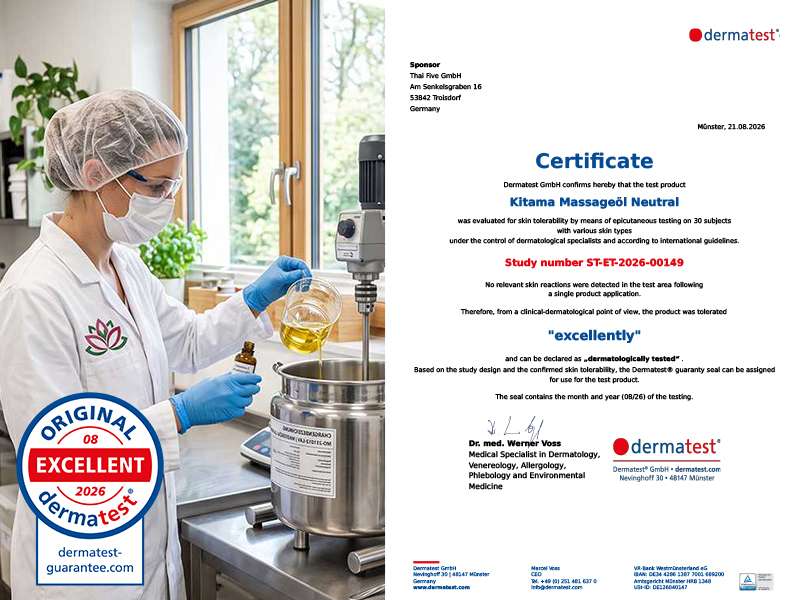 Certificado Dermatest Excellent para aceite de masaje Kitama