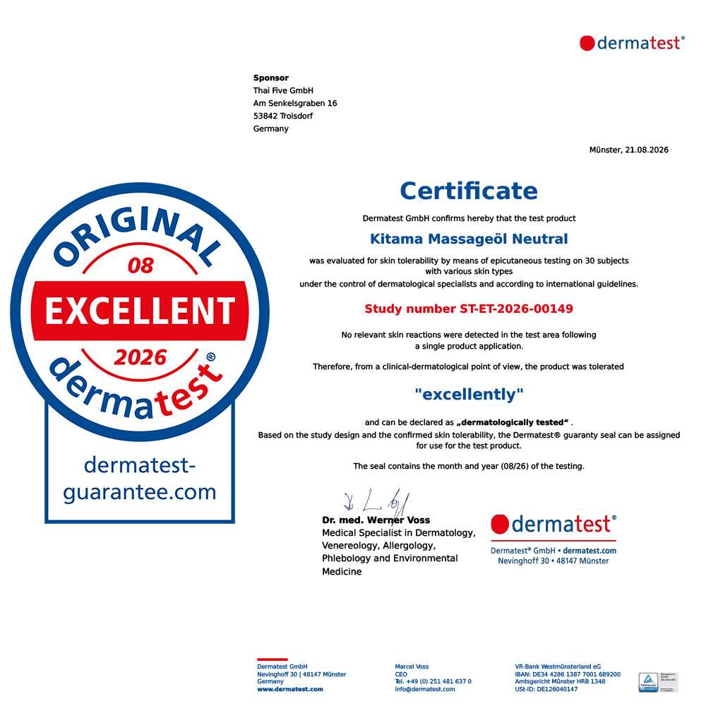 Certificado Dermatest Excellent para aceite de masaje Kitama