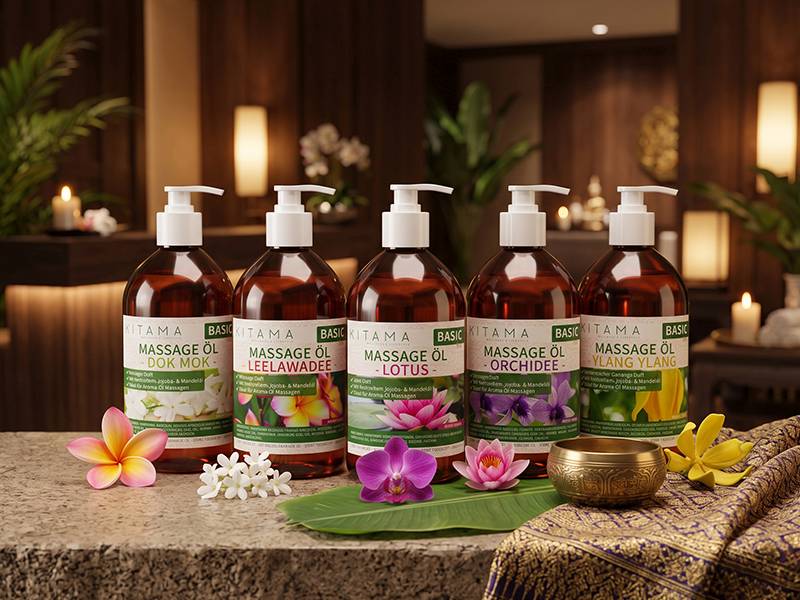 Set di oli da massaggio aromatici Kitama Thai con 5 fragranze: Leelawadee, Dok Mok, orchidea, loto e ylang ylang