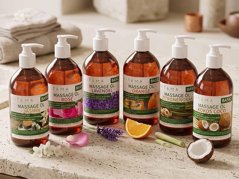 Set di oli da massaggio aromatici Kitama Classico con 6 fragranze: gelsomino, rosa, lavanda, arancia, citronella e cocco