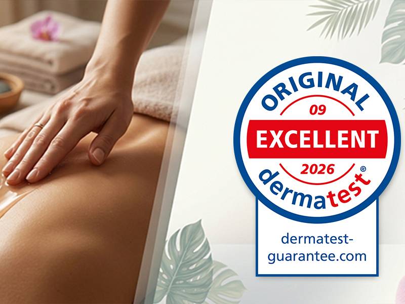 Sigillo Dermatest «sehr gut» (eccellente) per gli oli da massaggio aromatici Kitama