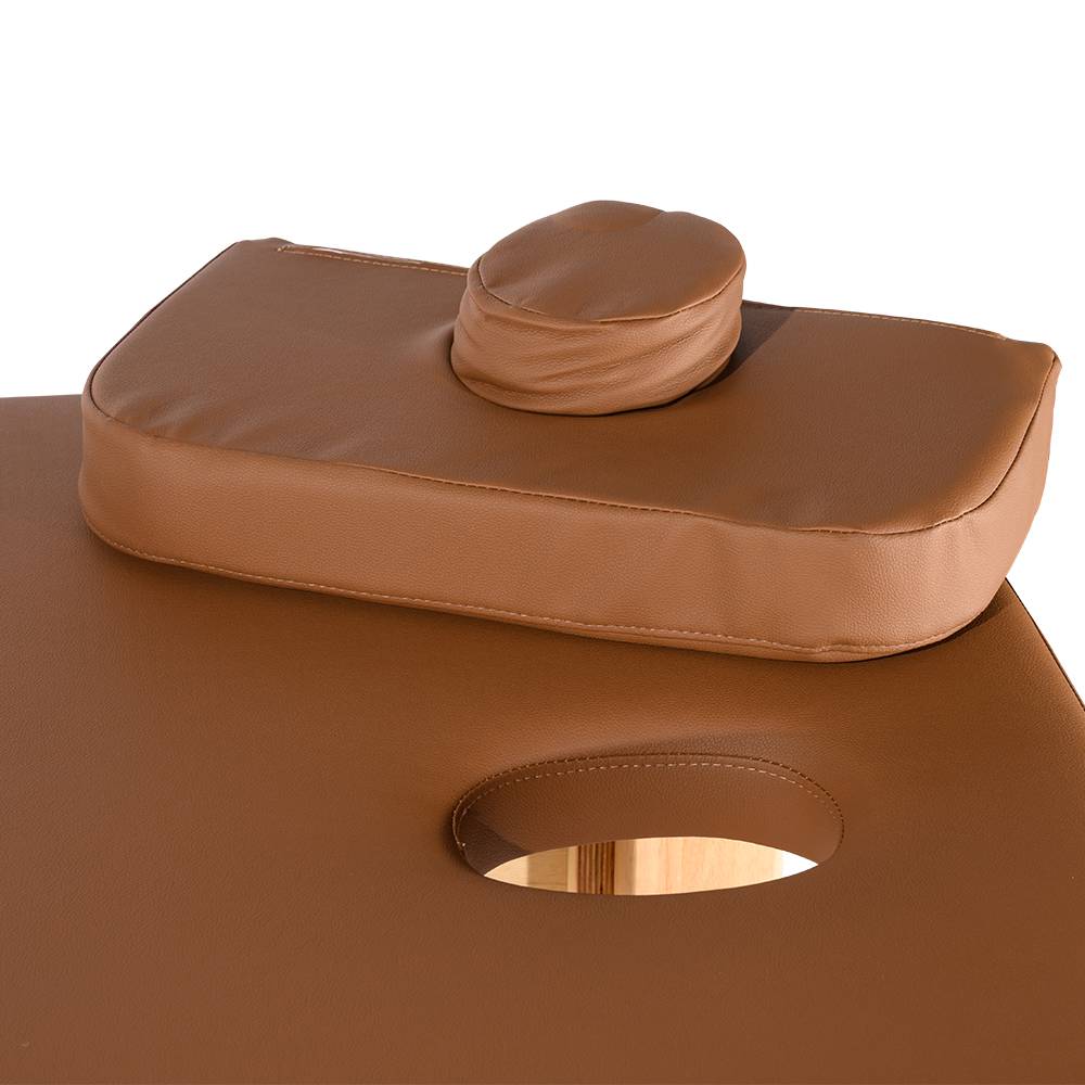 Close-up of the Kitama massage table with face cutout and brown synthetic leather cover