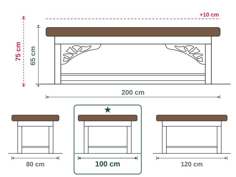 Dimension drawing of the Kitama Thai massage table: 200 cm long, 65 cm working height (75 cm with adapter), widths 80, 100 and 120 cm