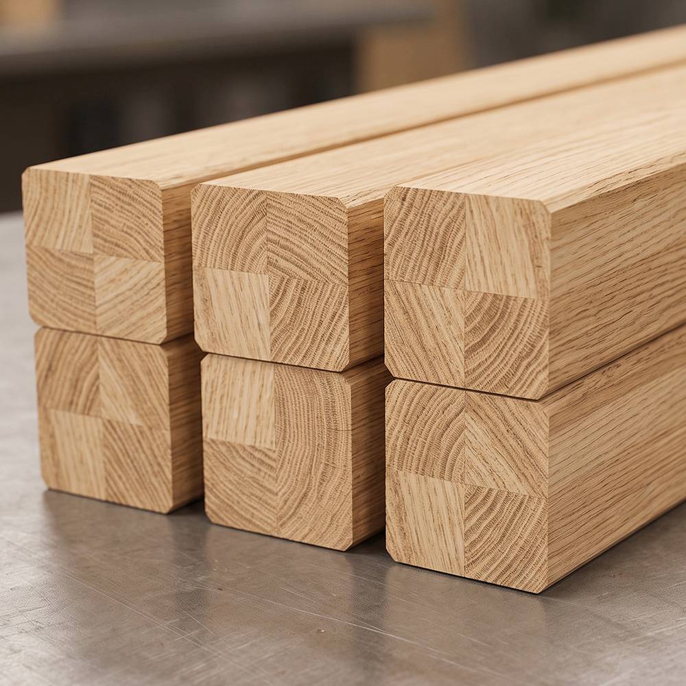 Close-up of the solid glued oak legs of the Kitama massage table