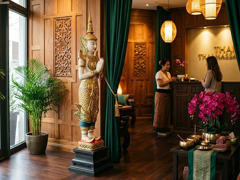 Stehende Theppanom Tempelwächter Figur am Eingang eines Thai-Massagestudios