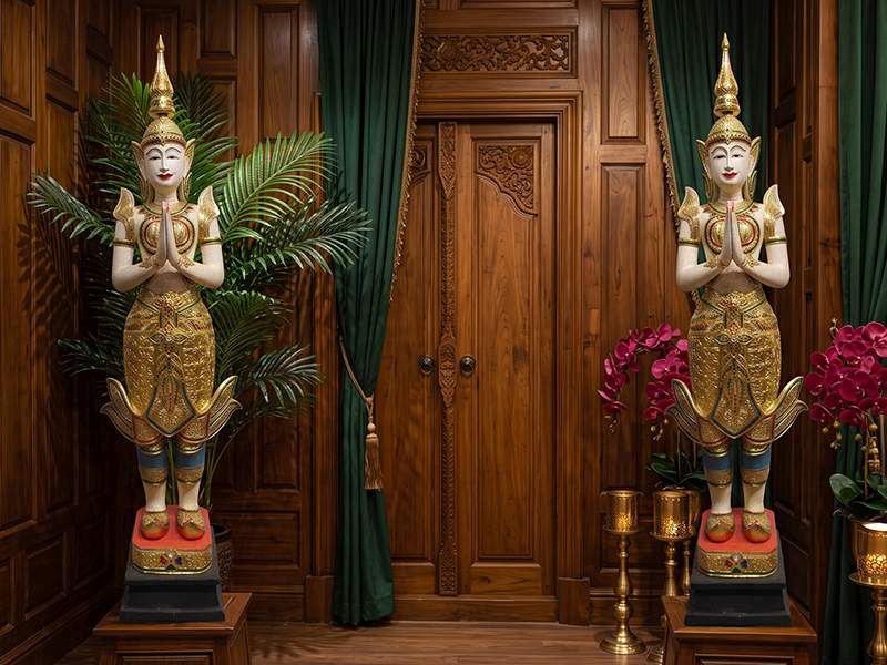 Stehende Theppanom Figur aus Thailand – 160 cm hoher, handgeschnitzter Tempelwächter aus Holz mit Wai-Geste, Goldgewand und Holzsockel