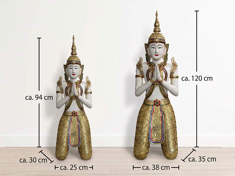 Estatua tailandesa Theppanom de madera – artesanía de Chiang Mai, 94 cm y 120 cm de altura