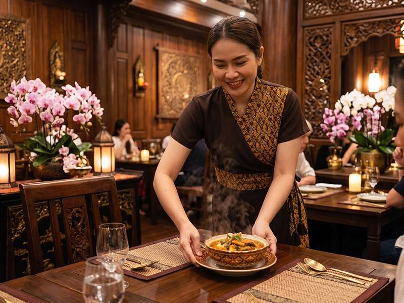 Servicekraft in traditioneller thailändischer Kleidung in einem Thai-Restaurant