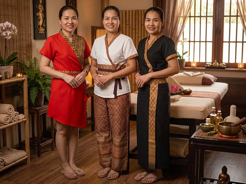 Masseurin in traditioneller thailändischer Massage-Kleidung bei einer Thaimassage