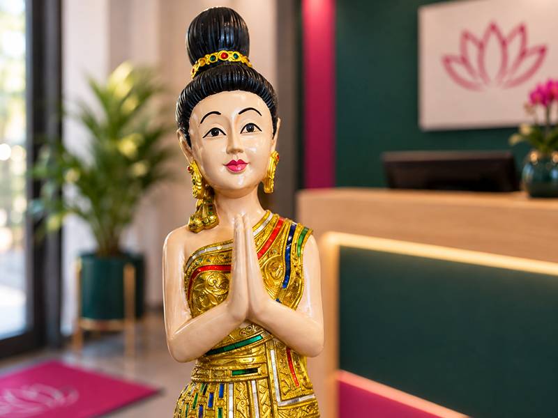Detalle de la figura Sawadee Lady: palmas juntas en gesto wai, ornamentos dorados y joyas de colores