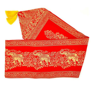 Fabric Runner with Tassels & Elephant Pattern 23x200cm Red