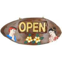 Cartel de puerta: OPEN-CLOSED de madera de teca con pintura tailandesa