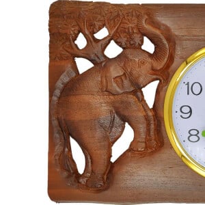 Wand-Uhr aus Teak-Holz mit Thai Schnitzerei Elefanten