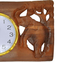 Teak Wood Wall Clock with Thai Carving Elephants