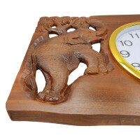 Teak Wood Wall Clock with Thai Carving Elephants