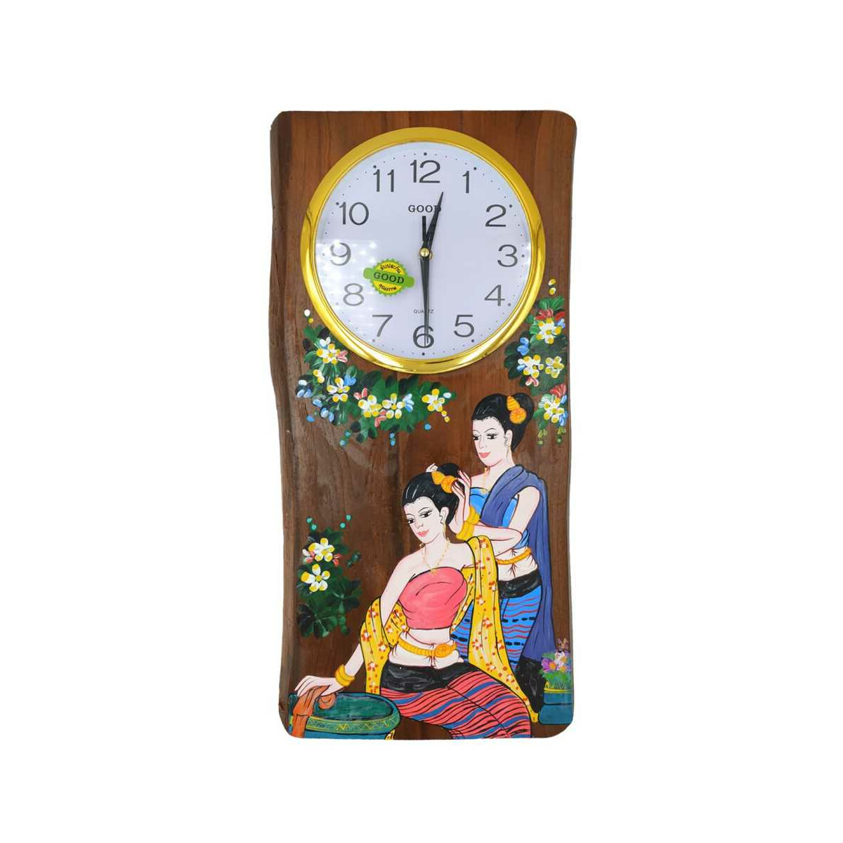 Reloj de pared de madera de teca con pintura tailandesa...