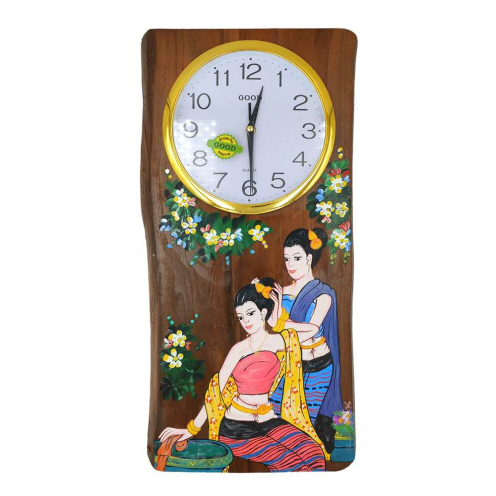 Orologio da parete in legno di teak con pittura tailandese di donne