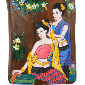 Wand-Uhr aus Teak-Holz mit Thai Malerei Frauen