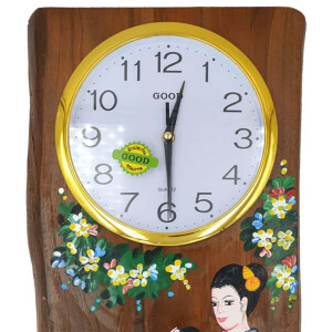 Wand-Uhr aus Teak-Holz mit Thai Malerei Frauen
