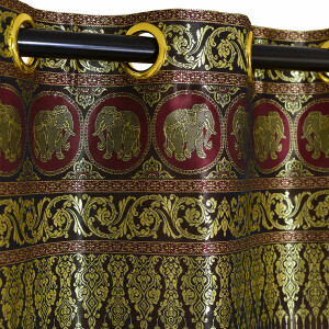 Rideau en soie thaïlandaise avec motif éléphant & œillets 240x200cm Rouge