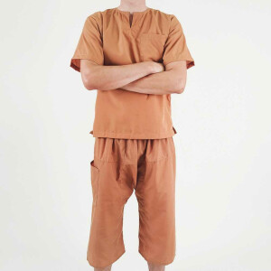 Kunden-Kleidung Set für trad. Thaimassage Hose + Shirt, beige-braun Größe: M