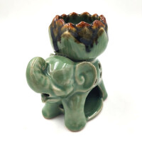 Lamp for scented oil made of ceramic for tea light Elephant Lotus Green