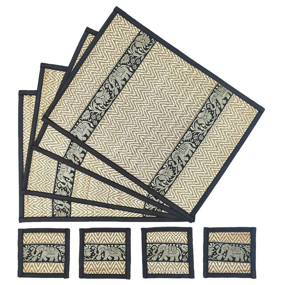Thai Tabla Set Posavasos Lugar Set 8 Piezas Bast con Elefante Patrón Negro