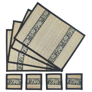Thai Tabla Set Posavasos Lugar Set 8 Piezas Bast con Elefante Patrón Negro