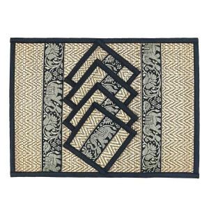 Thai Tabla Set Posavasos Lugar Set 8 Piezas Bast con Elefante Patrón Negro