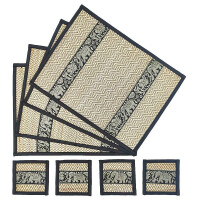 Thai Tabla Set Posavasos Lugar Set 8 Piezas Bast con Elefante Patrón Negro