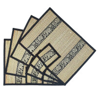 Thai Tabla Set Posavasos Lugar Set 8 Piezas Bast con Elefante Patrón Negro
