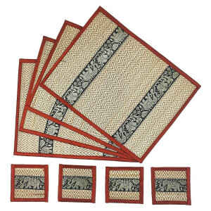 Thai Table Set Coasters Place Set 8 Piece Bast with Elephant Pattern Red