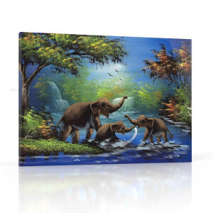 Thailändische Kunst Elefanten in Naturlandschaft Thailand - No. 3 70cm Breit - 50cm Hoch (B2 Quer) Leinwandbild Baumwolle mit Rahmen