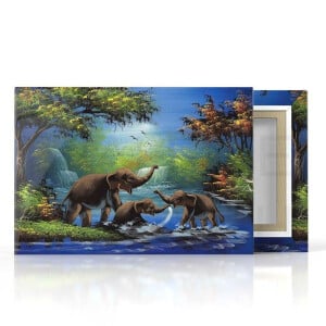 Thai Paintings Natural Landscape of Thailand with Elephants - No. 3 70cm Wide - 50cm High (B2 Landscape) Canvas painting cotton with frame