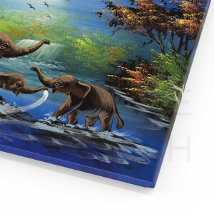 Thailändische Kunst Elefanten in Naturlandschaft Thailand - No. 3 70cm Breit - 50cm Hoch (B2 Quer) Leinwandbild Baumwolle mit Rahmen