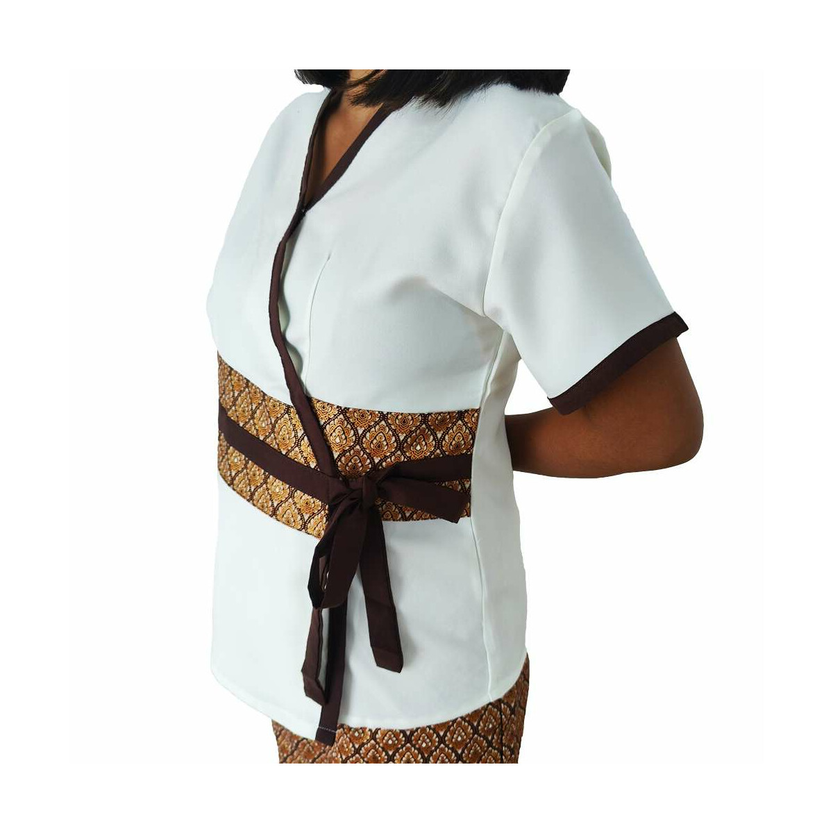 Blouse / Shirt cream-white brown with Thai pattern