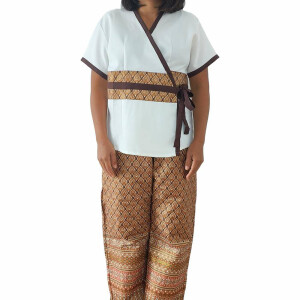 Blouse / Shirt cream-white brown with Thai pattern