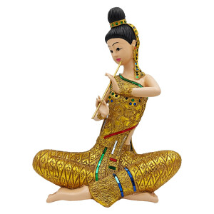 Thai Sawasdee Lady Statue Figur gold sitzend mit Flöte