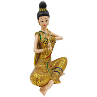 Thai Sawasdee Lady Statue Figur gold sitzend mit Flöte