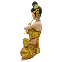 Thai Sawasdee Lady Statue Figur gold sitzend mit Flöte
