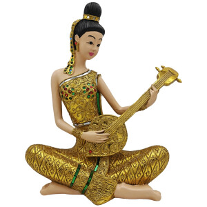 Thai Sawasdee Lady Statue Figur gold sitzend mit Phin